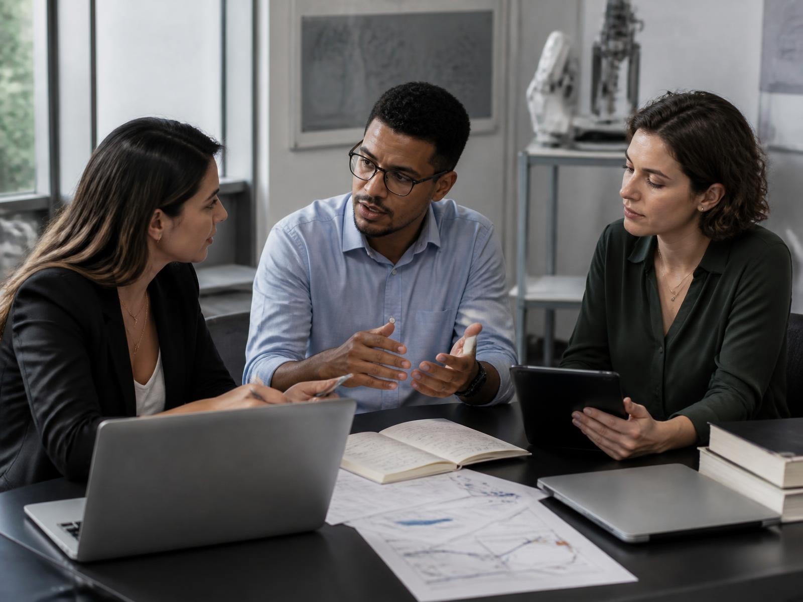 Equipe multidisciplinar debatendo tecnologia responsável em um ambiente de pesquisa