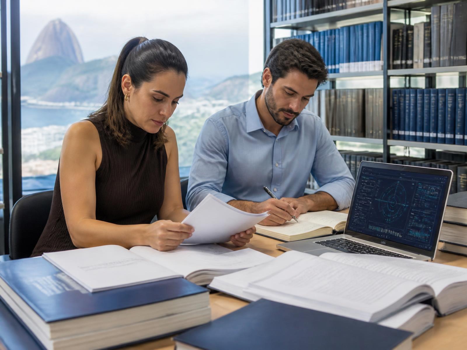 Pesquisadores analisando documentos jurídicos e tecnologia em uma biblioteca